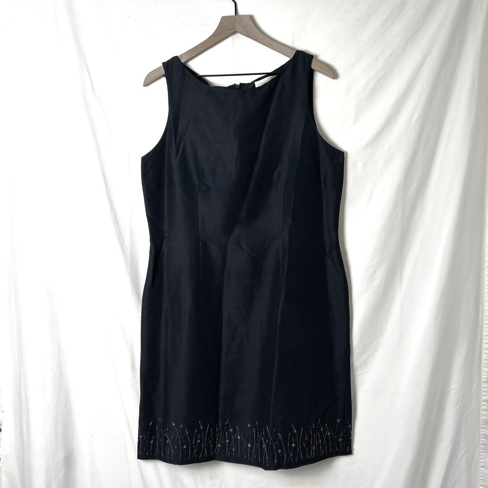 Vintage Casual Corner Womens Silk Beaded Sheath Midi Dress Size 14 Navy Blue